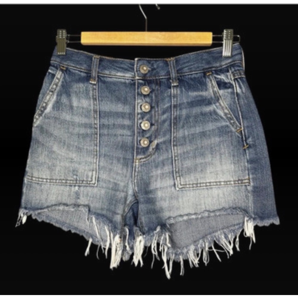 We The Free Free People Distressed Denim Cutoff Shorts Button Fly Belted